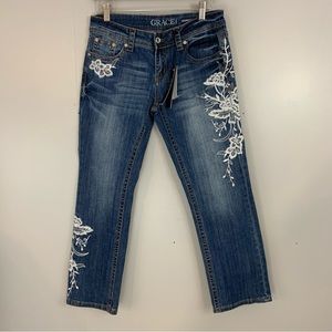 New! Grace in LA Cropped Flare Jeans Flared Crop Capri Capris Embroidered Floral